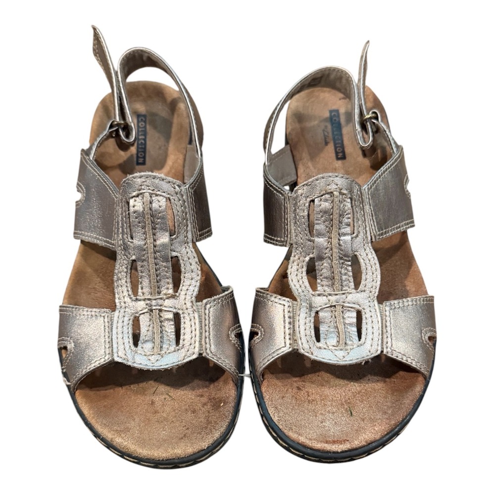 Clarks Collection Leisa Vine Metallic Pewter Leather Sandals Womens 8 M